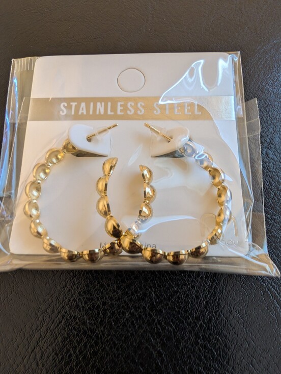 Jewelry - Gold-tone Bead-like Stainless Steel Hoop Earrings